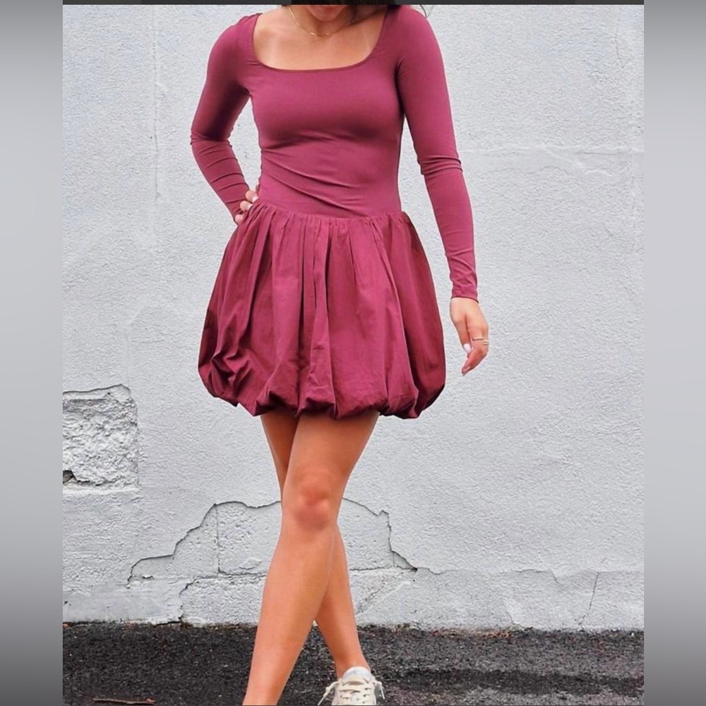 Listicle Square Neck Long Sleeve Bubble Skirt Romper Dress